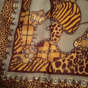 Vintage Wool Animal Print Chain Scarf Large Square Brown Gold Leopard Zebra